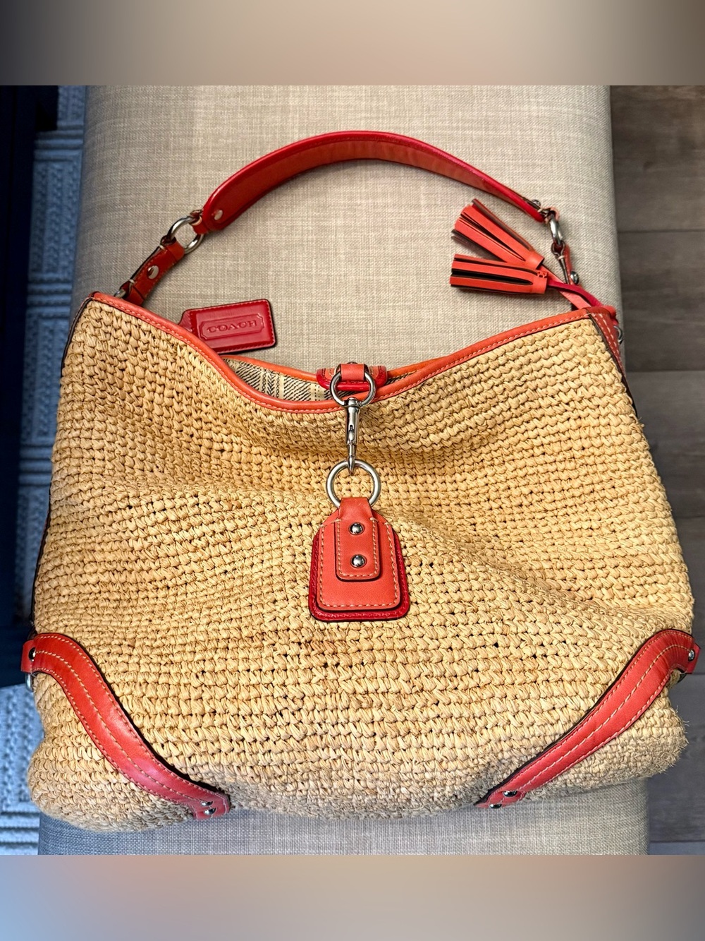 Coach Bleecker Straw Hobo Bag with Coral Leather Trim